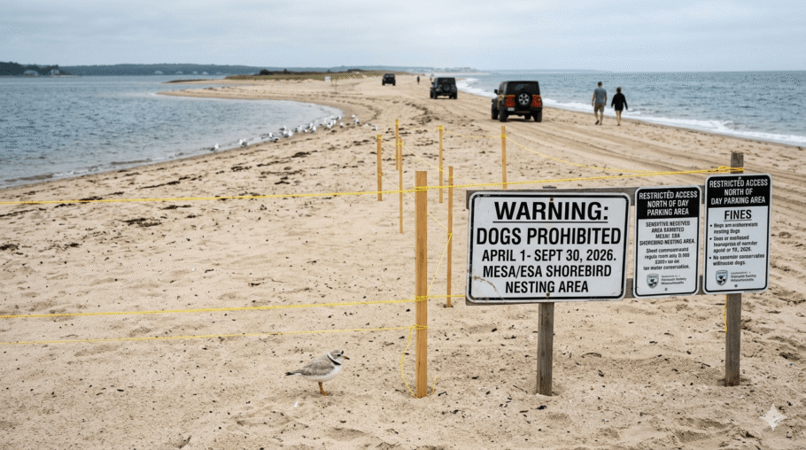 Sign at Plymouth Long Beach displaying 2026 dog restrictions and nesting bird protection area